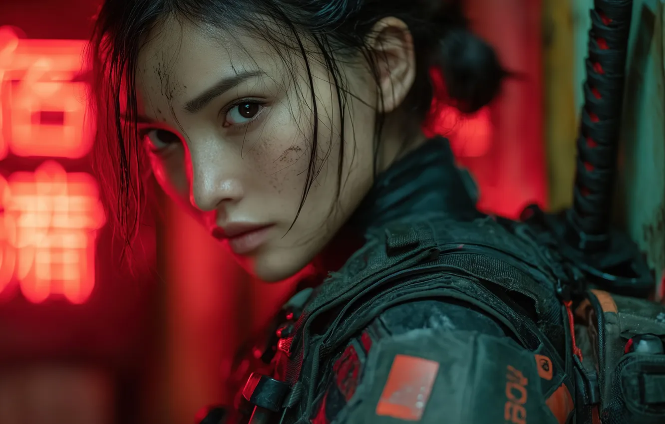 Photo wallpaper girl, face, katana, katana, women, face, Cyberpunk, looking at viewer