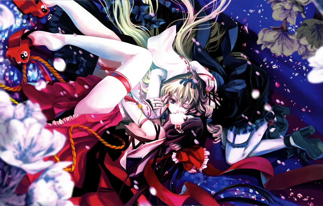 Photo wallpaper girl, tenderness, kiss, Sakura, touhou, art, Hakurei Reimu, Strikingly Is Wait