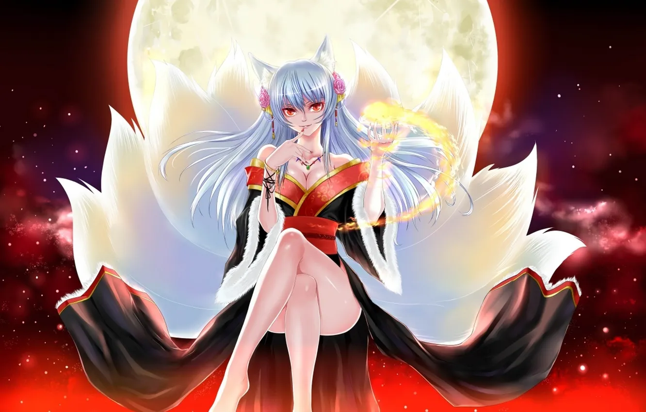 Photo wallpaper girl, clouds, fire, magic, the moon, anime, art, tails