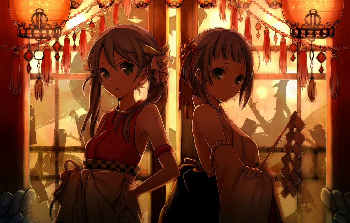 Photo wallpaper girl, anime, art, flashlight, kimono, bow, yunco