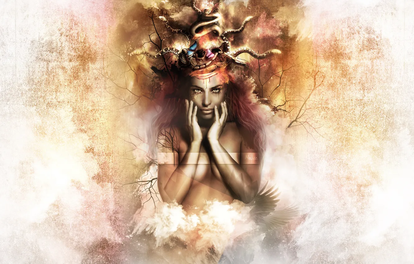 Photo wallpaper look, girl, abstraction, face, sprig, background, butterfly, snake