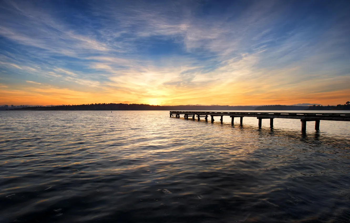 Photo wallpaper sunset, lake, Board, pier, pierce