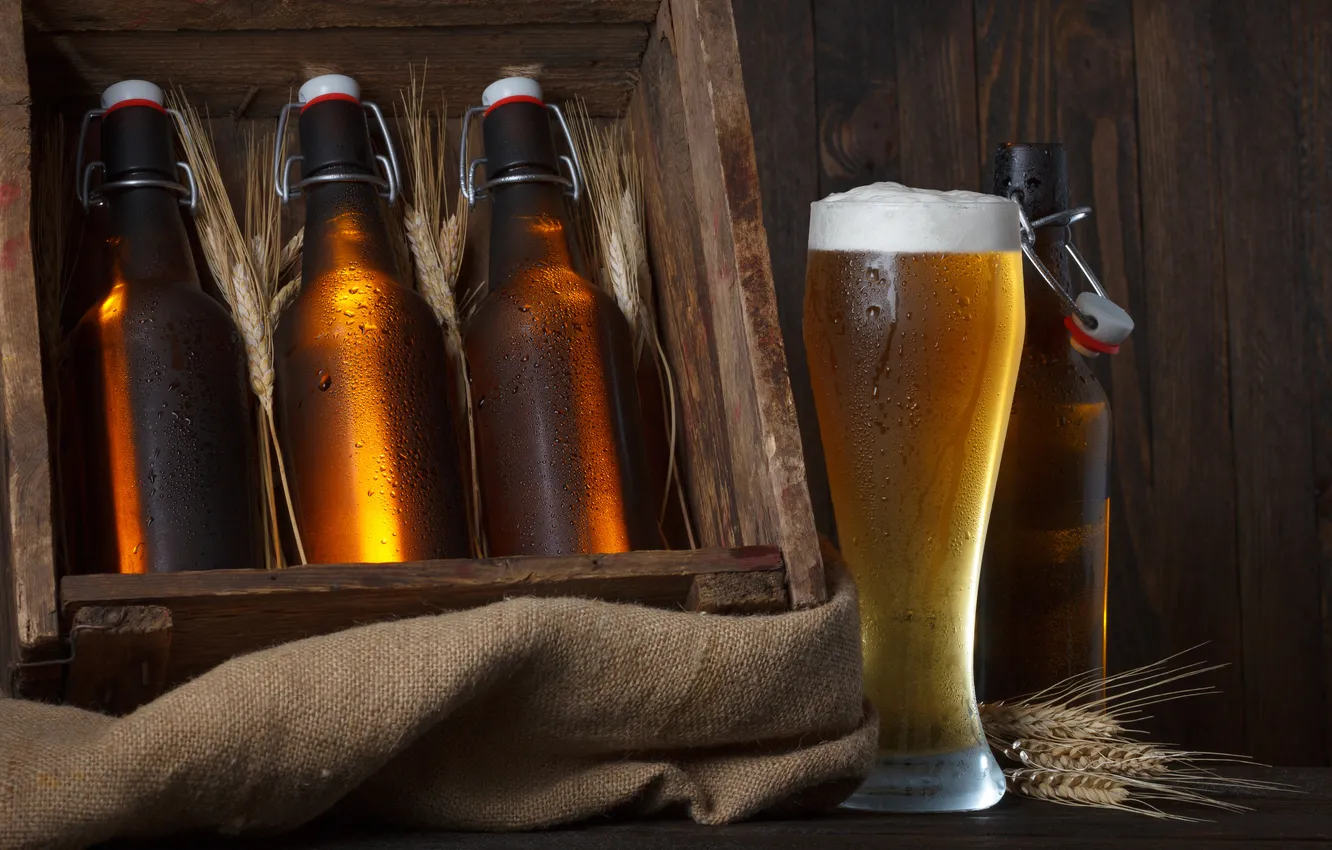 Photo wallpaper foam, table, glass, bottle, beer, spikelets, box