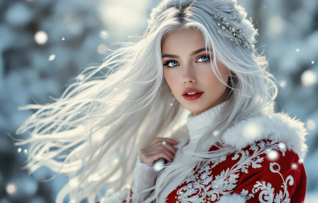 Photo wallpaper winter, look, girl, light, snow, decoration, new year, portrait