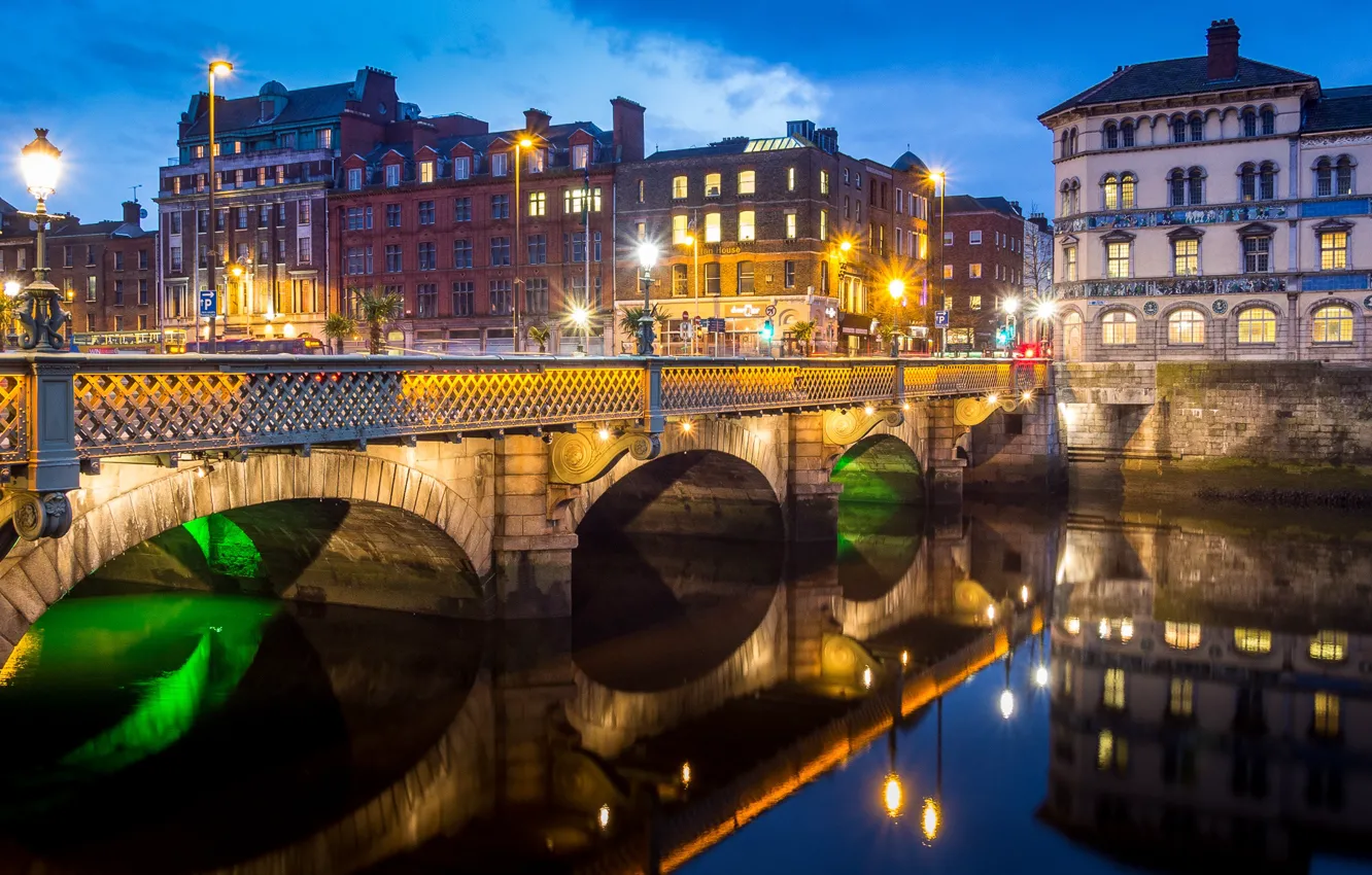 Photo wallpaper night, bridge, the city, river, building, home, lighting, lights