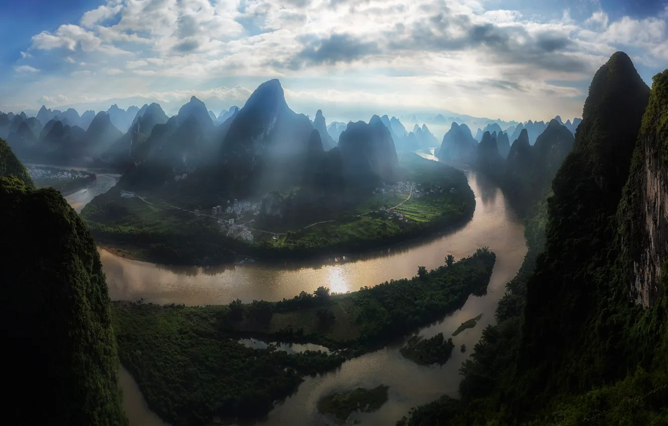 Photo wallpaper mountains, fog, river, China
