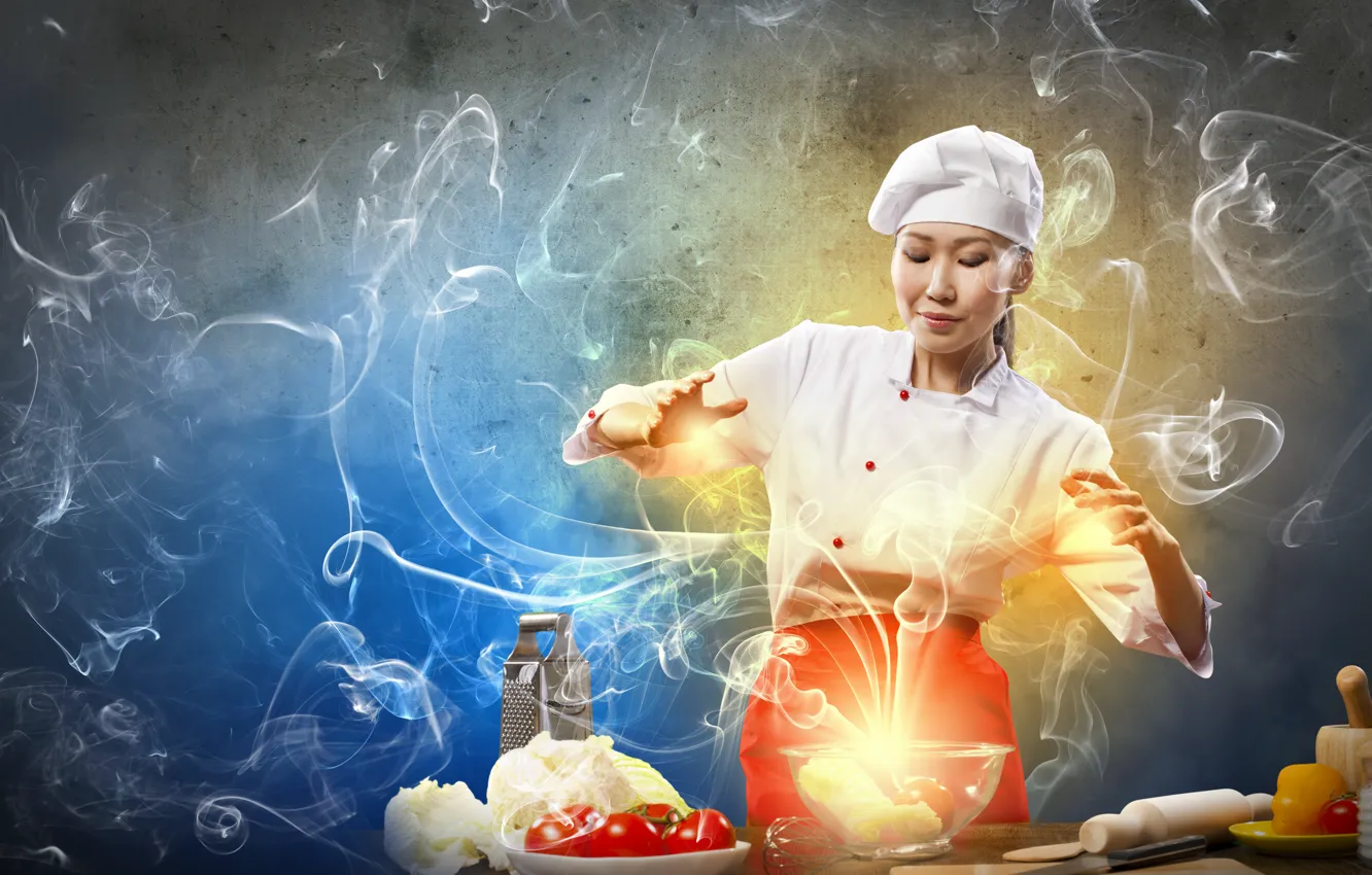 Photo wallpaper girl, creative, smoke, cook, Asian, vegetables, tomatoes, cabbage