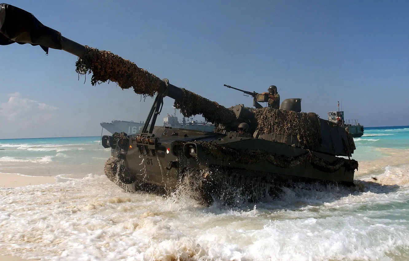 Photo wallpaper class, landing, self-propelled, Landing, M109, American ACS, the howitzers. beach