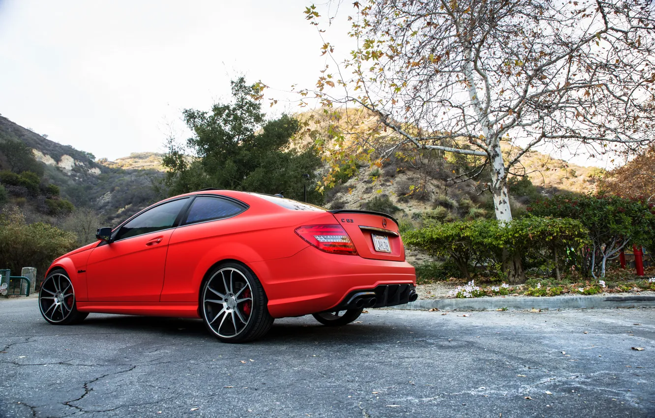 Photo wallpaper red, Mercedes Benz, AMG, C63, rearside