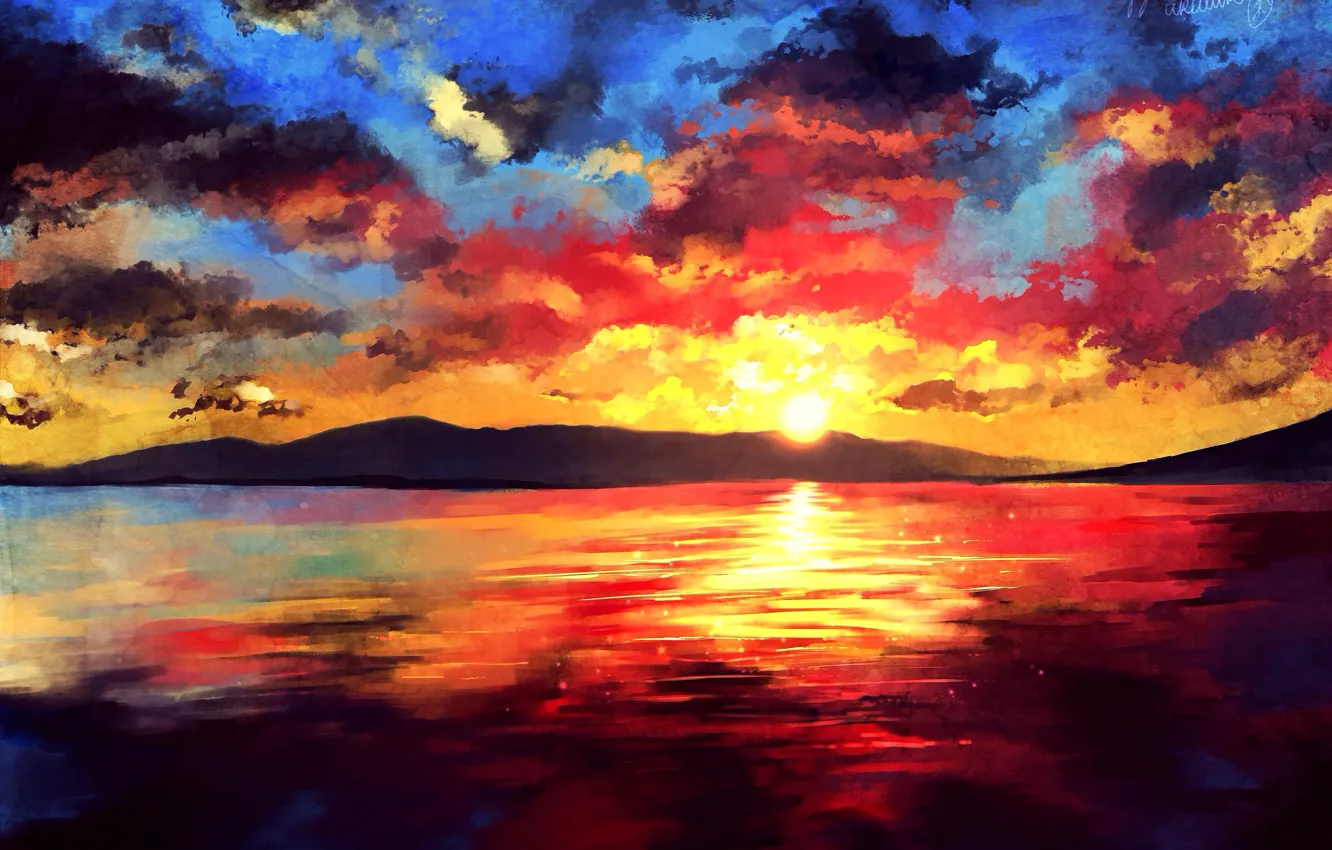 Photo wallpaper sea, the sun, sunset, mountains, art, They want