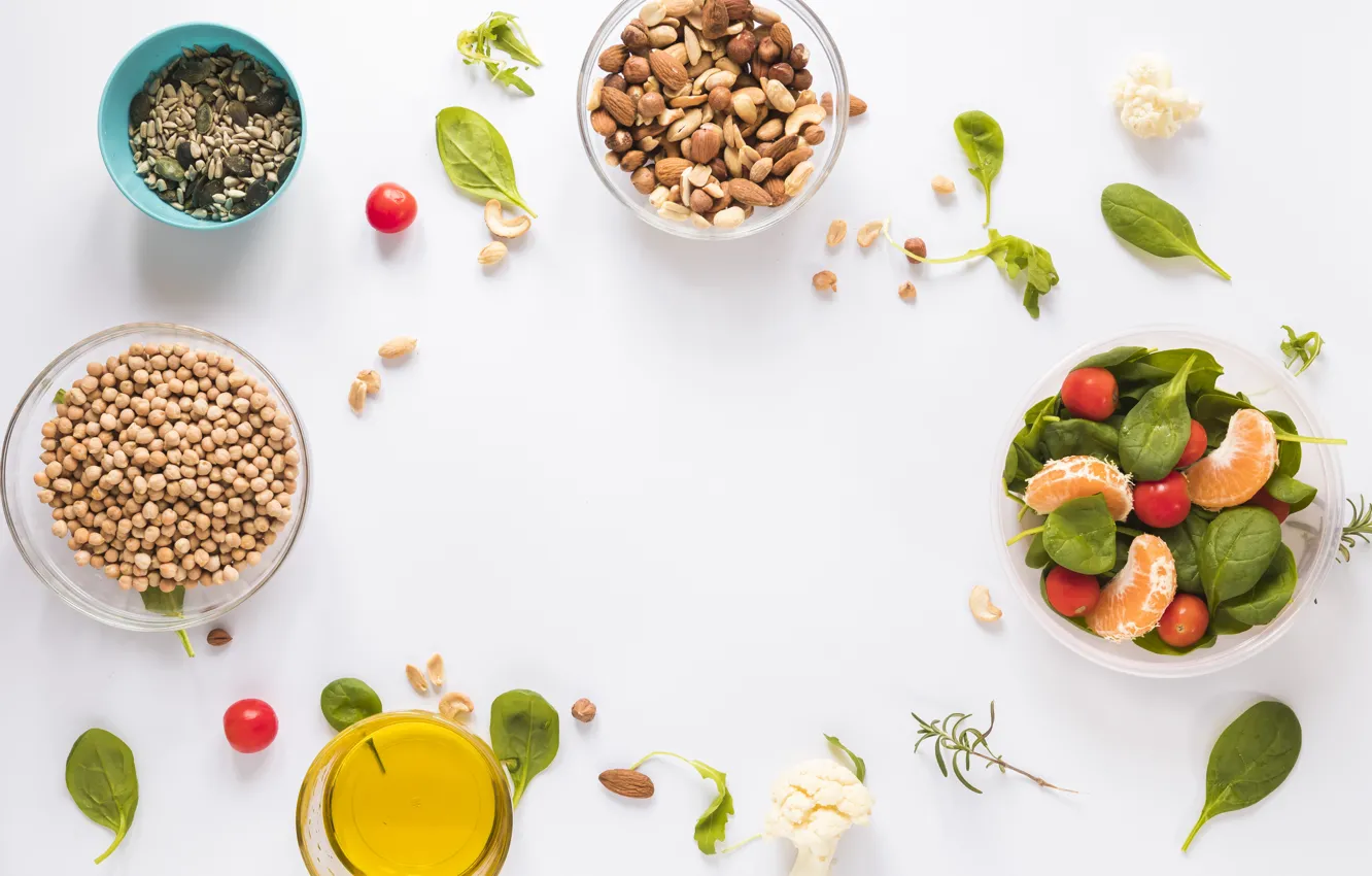 Photo wallpaper nuts, salad, tangerines