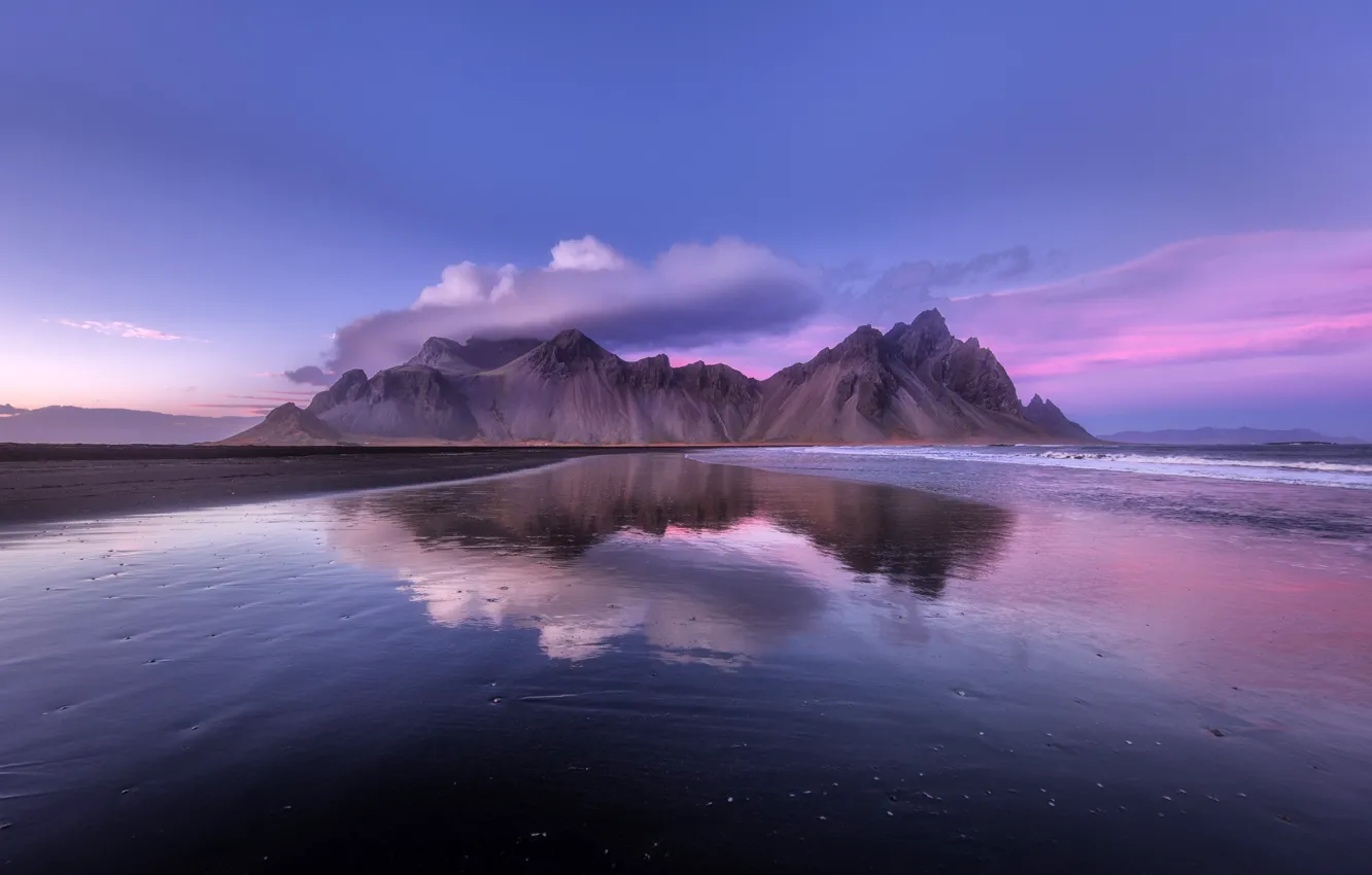 Photo wallpaper Coast, Beach, Sunset, Iceland, Vestrahorn Mountain