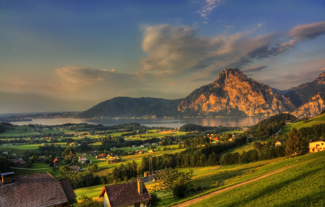 Photo wallpaper forest, landscape, mountains, nature, river, rocks, Austria, town