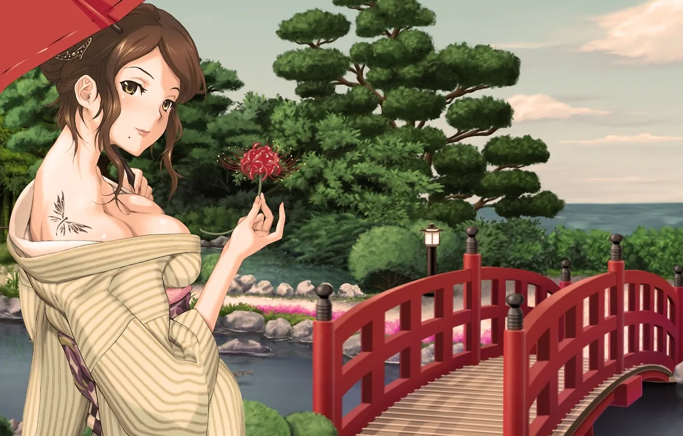 Photo wallpaper sea, girl, trees, flowers, bridge, river, umbrella, tattoo