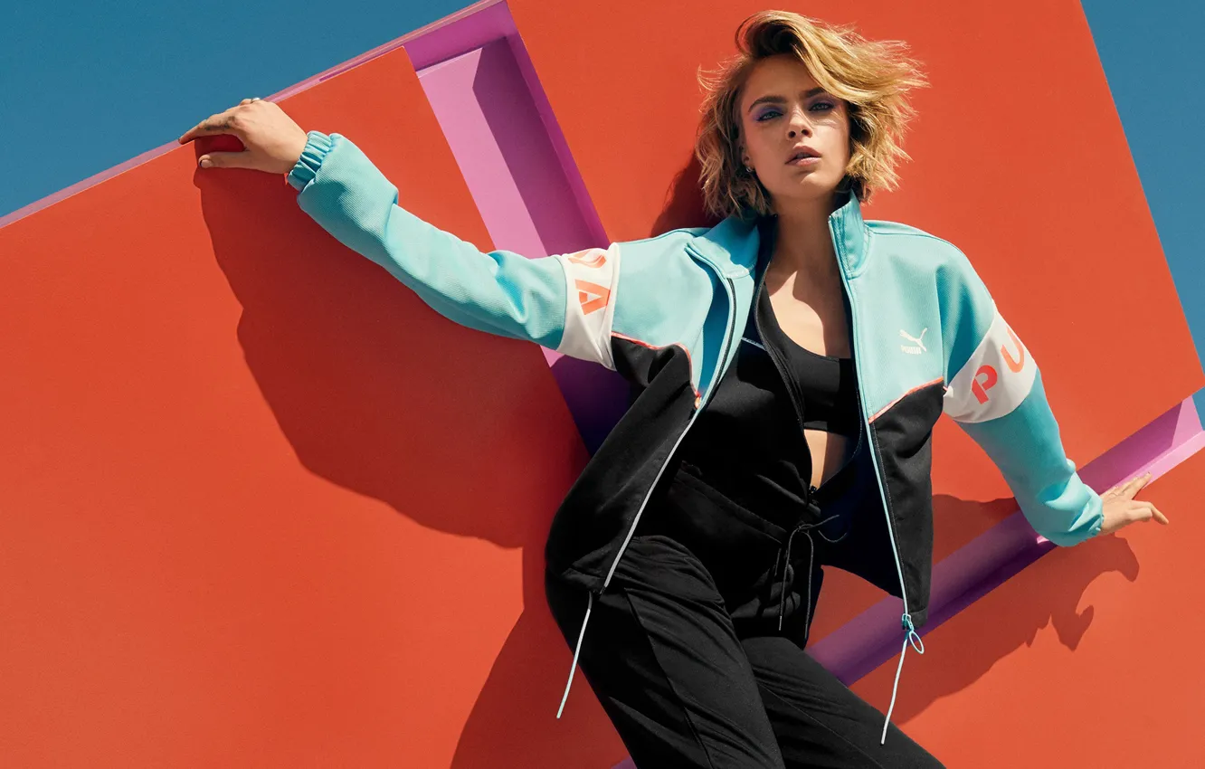 Photo wallpaper pose, look, Puma, jacket, Cara Delevingne, girl, shadow, model