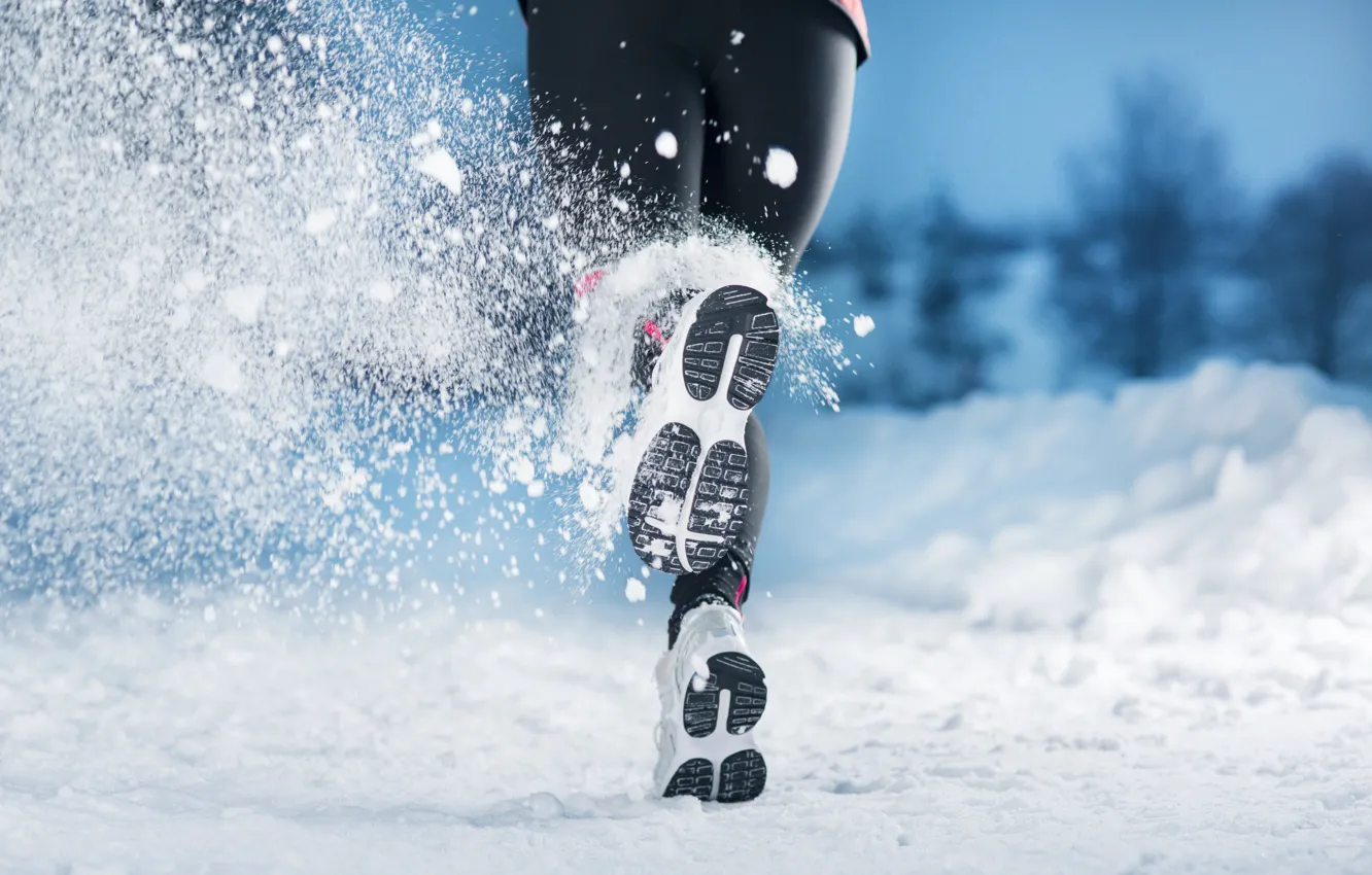 Photo wallpaper winter, girl, snow, sneakers, runs, time of the year