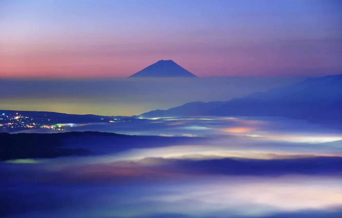 Photo wallpaper clouds, landscape, mountains, nature, the city, dawn, Japan, Fuji
