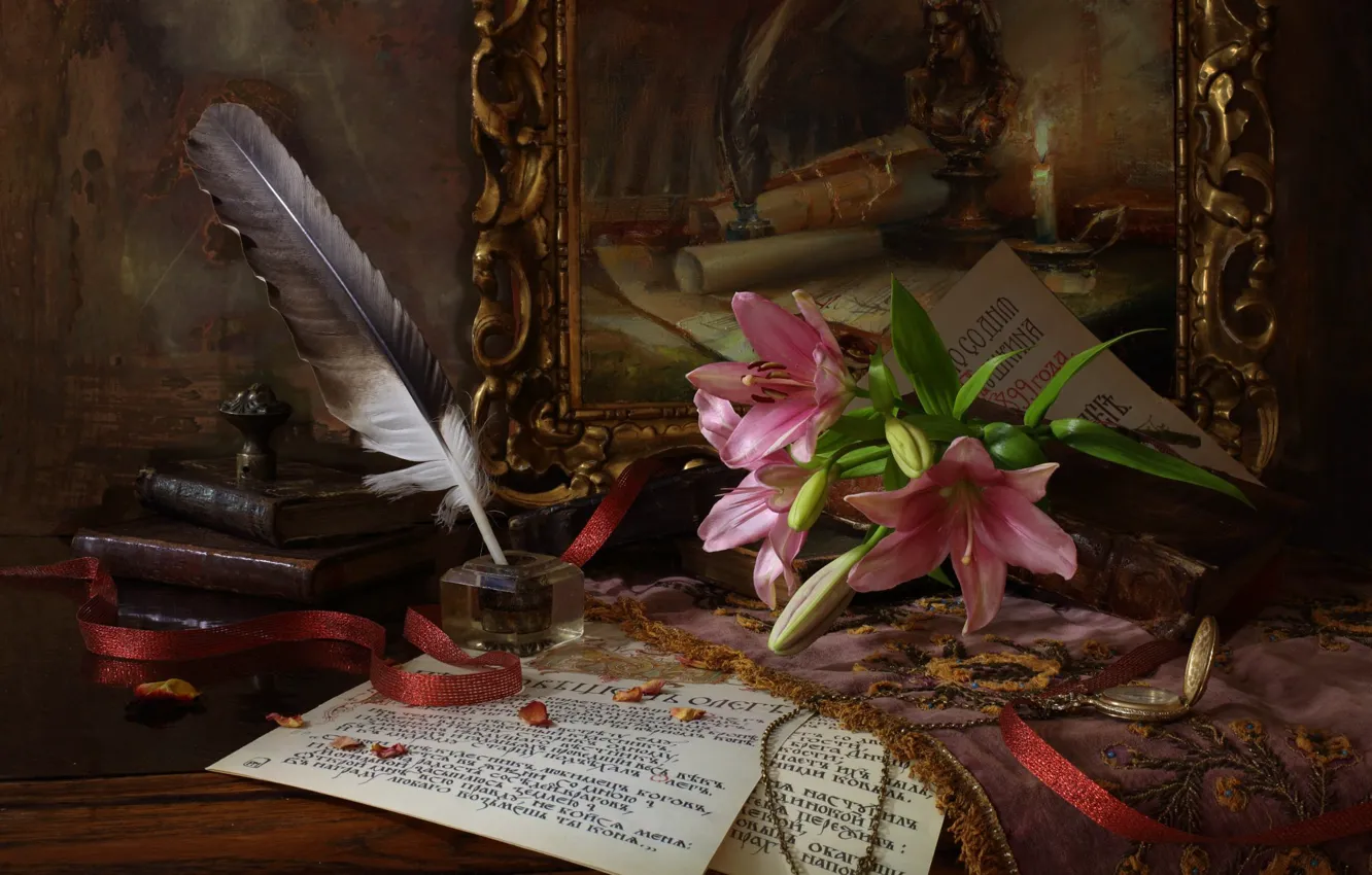 Photo wallpaper flowers, pen, watch, books, picture, tape, paper, ink