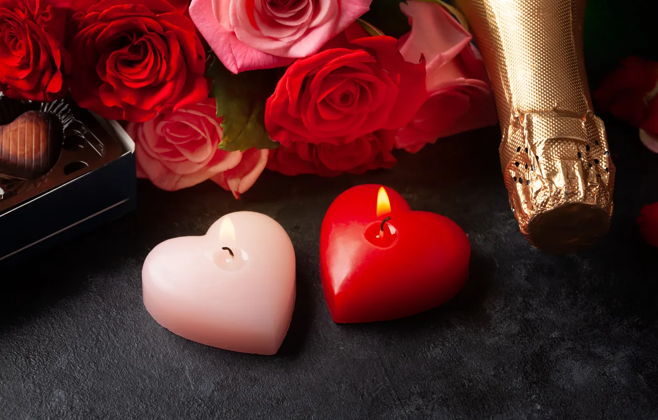 Photo wallpaper love, flowers, gift, romance, chocolate, roses, love, champagne