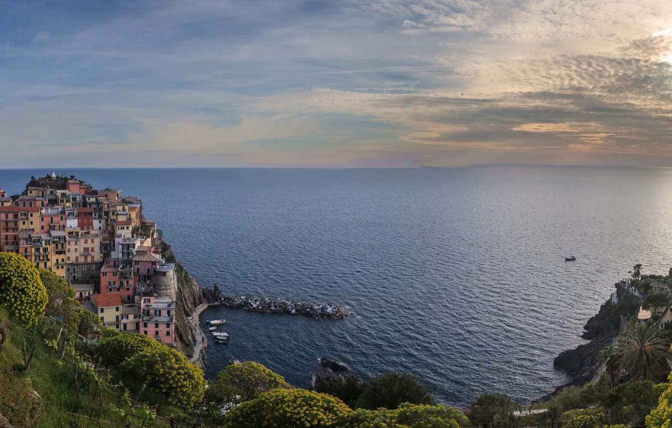 Photo wallpaper sea, coast, building, home, Bay, horizon, Italy, panorama