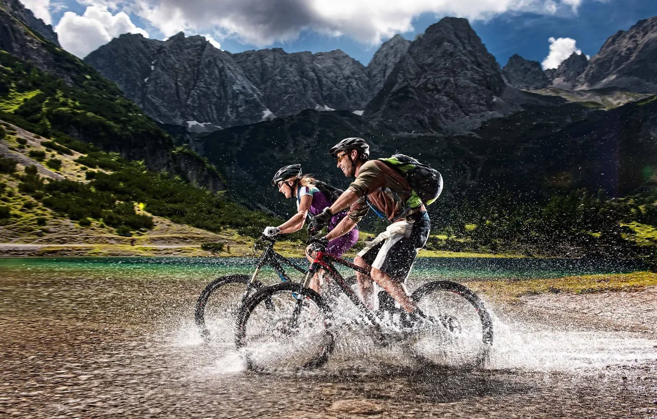 Photo wallpaper mountains, nature, woman, Alps, male, cyclist, tourists