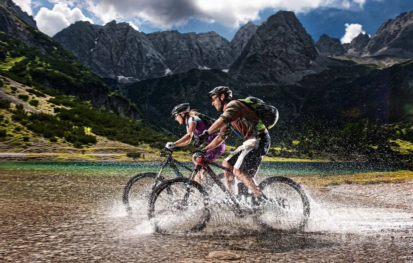 Photo wallpaper mountains, nature, woman, Alps, male, cyclists, tourists