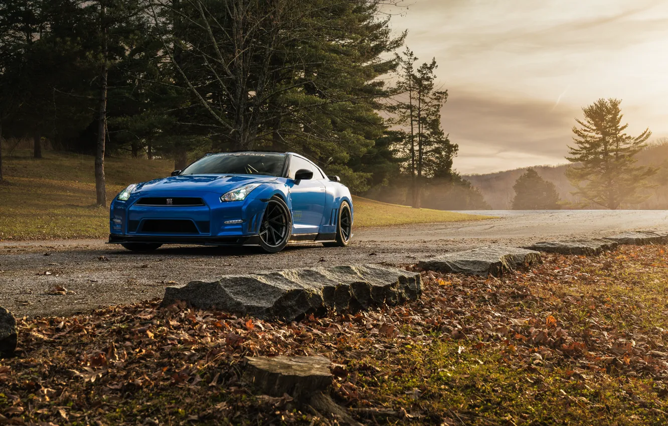 Photo wallpaper Nissan, GT-R, Blue, Road