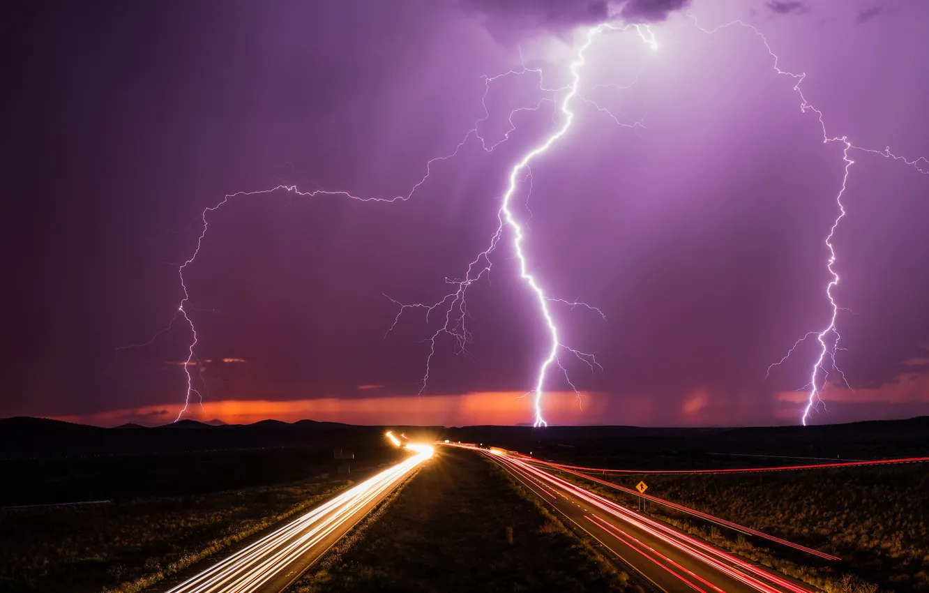 Photo wallpaper road, night, lightning