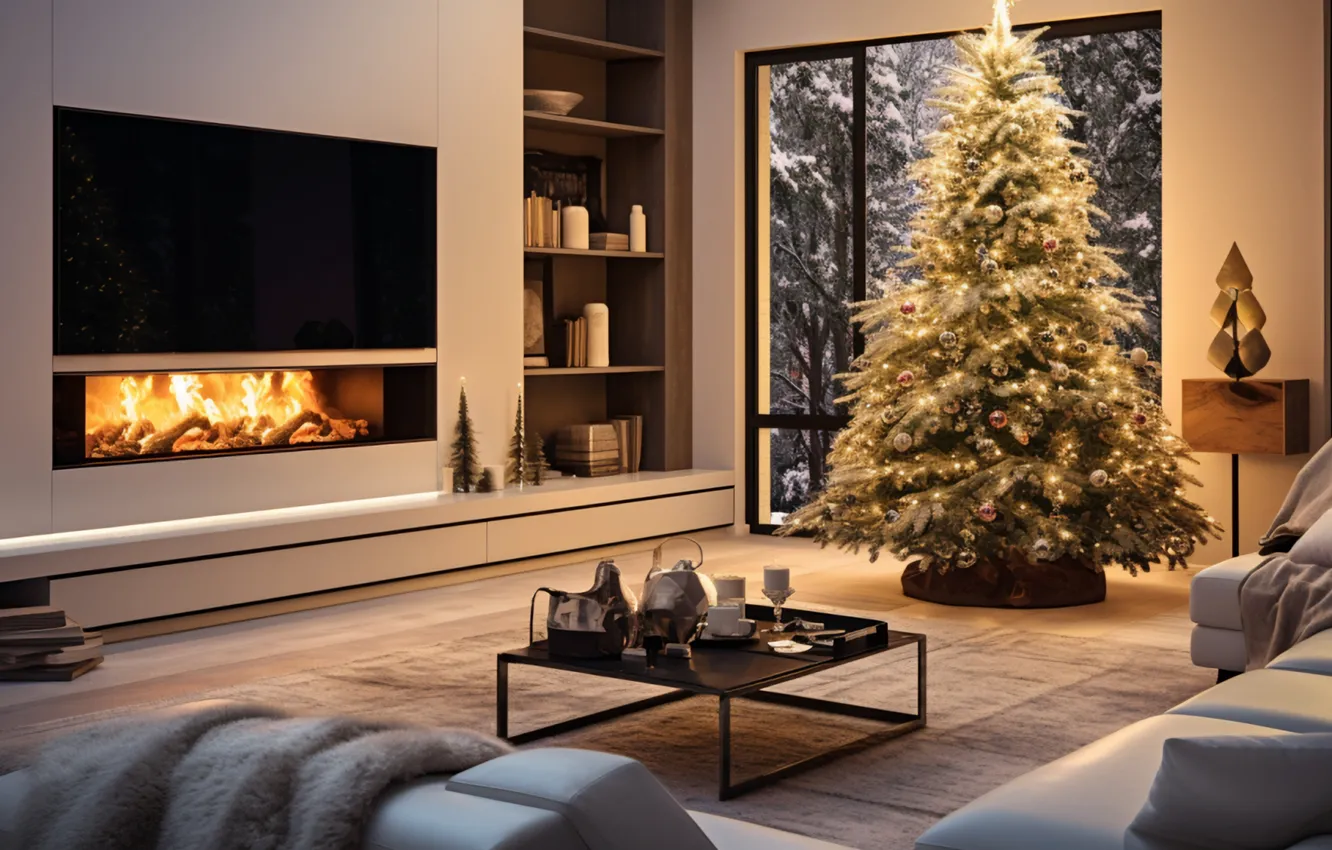 Photo wallpaper lights, comfort, heat, room, flame, furniture, new year, home