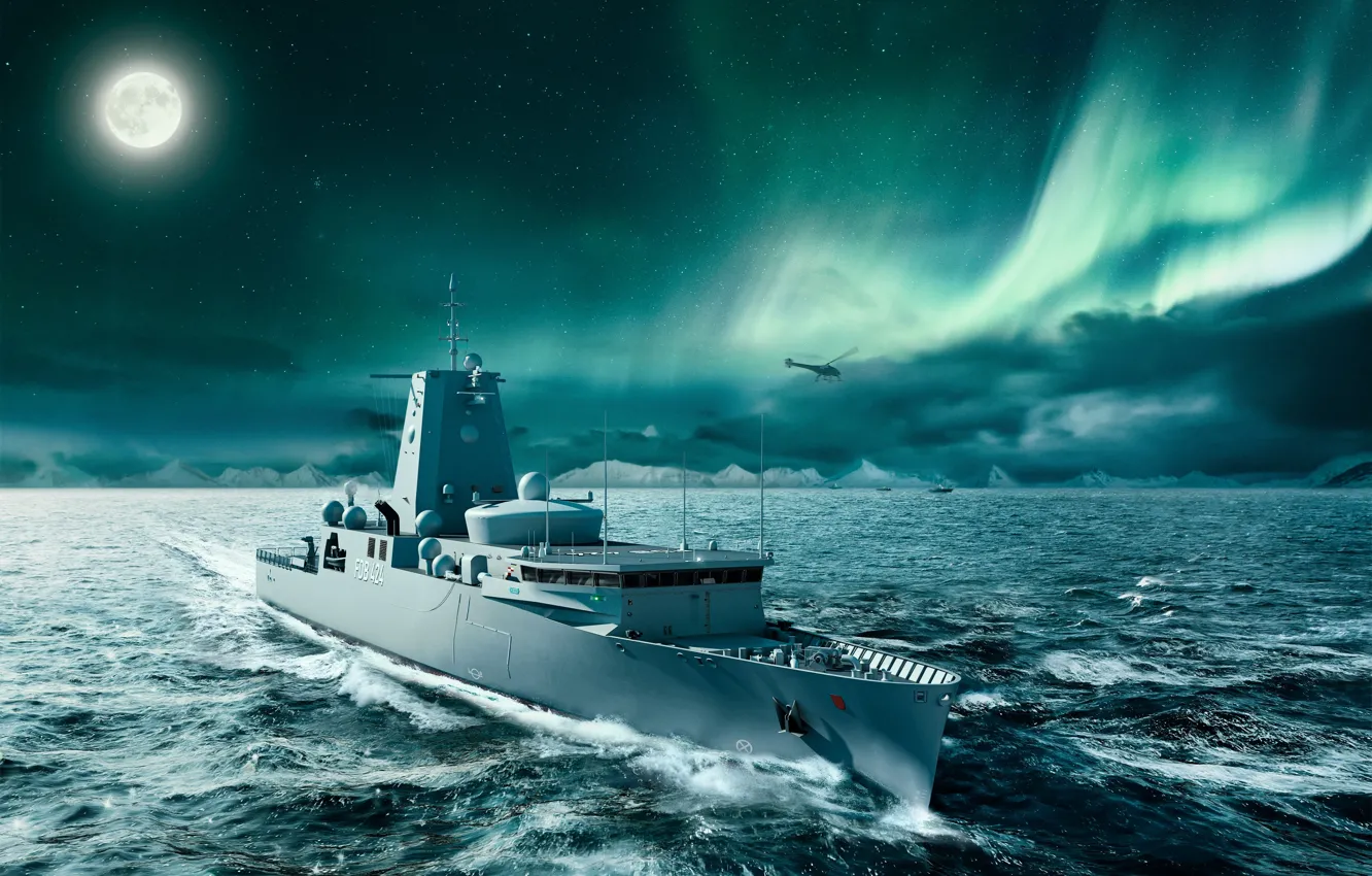 Photo wallpaper Sea, Night, Ship, Northern lights, The German Navy, Bundeswehr, German Navy, NVL Group