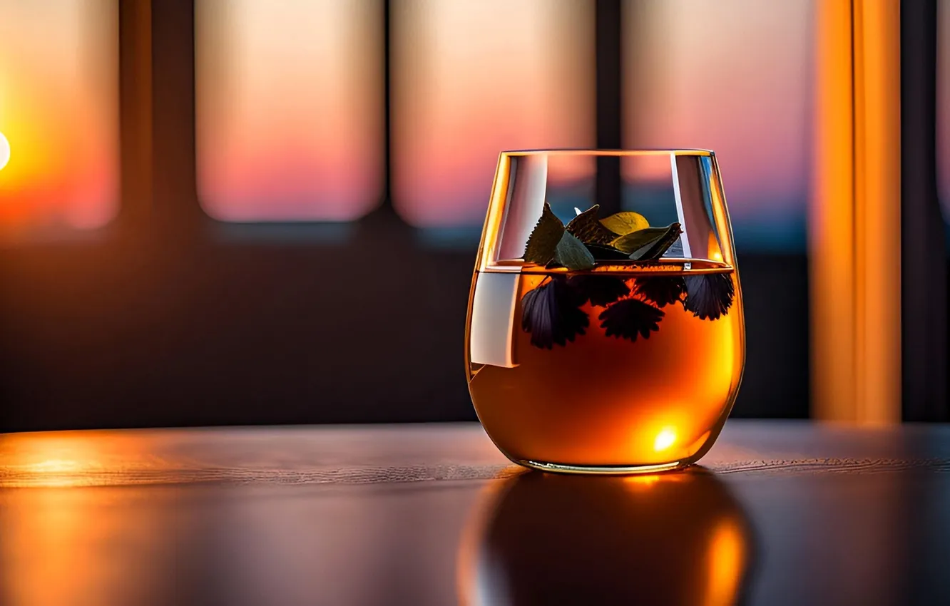 Photo wallpaper leaves, sunset, glass, table, glass, window, drink