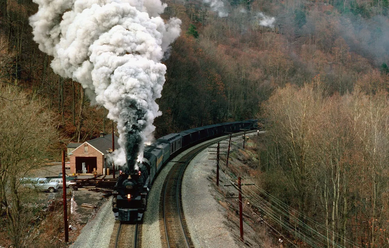 Photo wallpaper autumn, mountains, smoke, train
