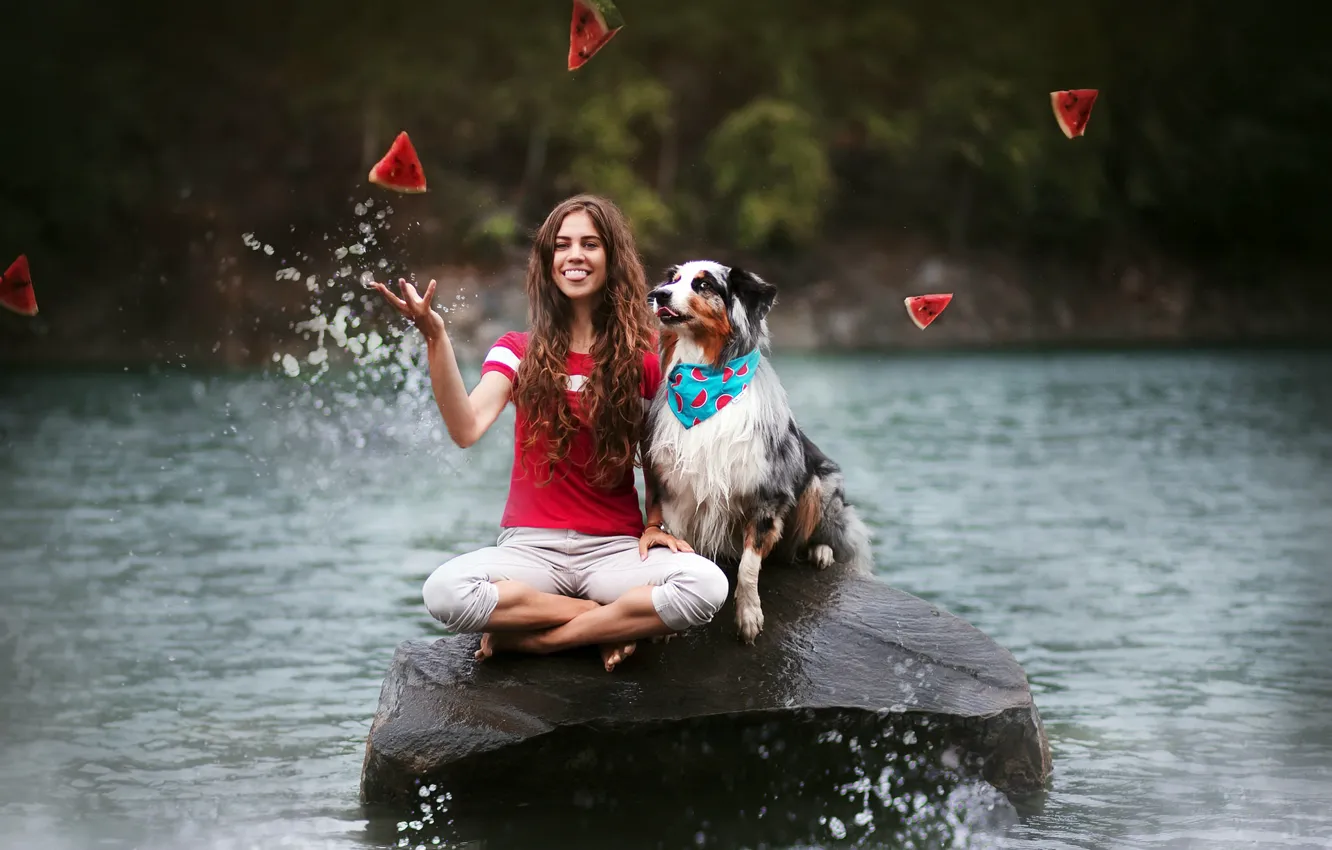 Photo wallpaper girl, river, dog, watermelon
