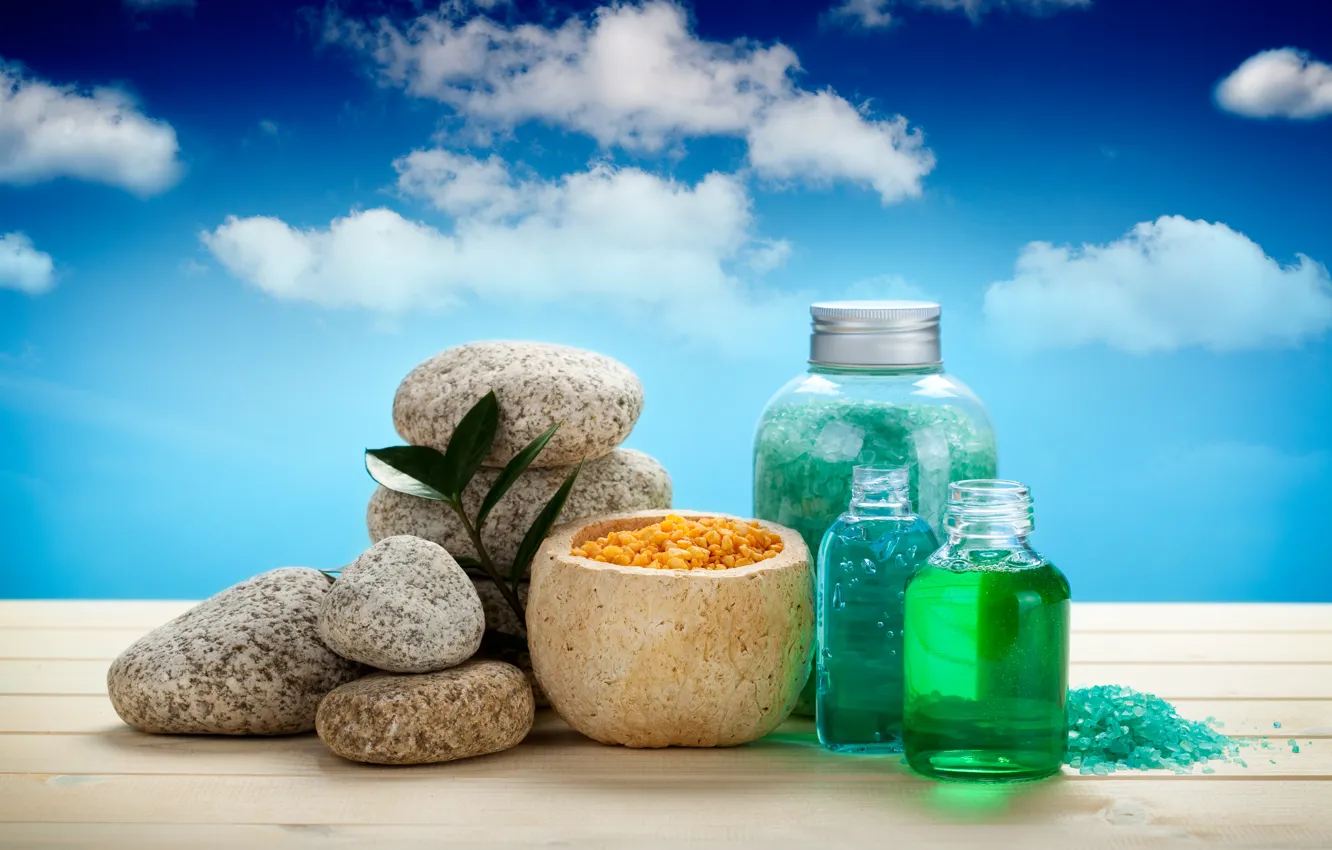 Photo wallpaper stones, jars, sky, Spa, stones, spa, salt, bath salt