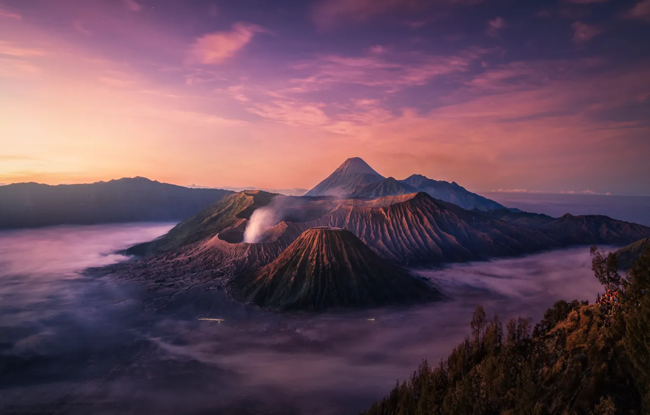 Photo wallpaper mountains, fog, the evening, morning, Bromo, Java, Tanger