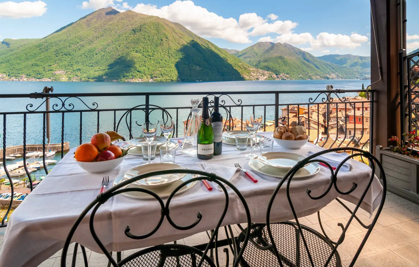 Photo wallpaper mountains, the city, table, Italy, terrace, lake Como, Lake Como, lake and mountain view