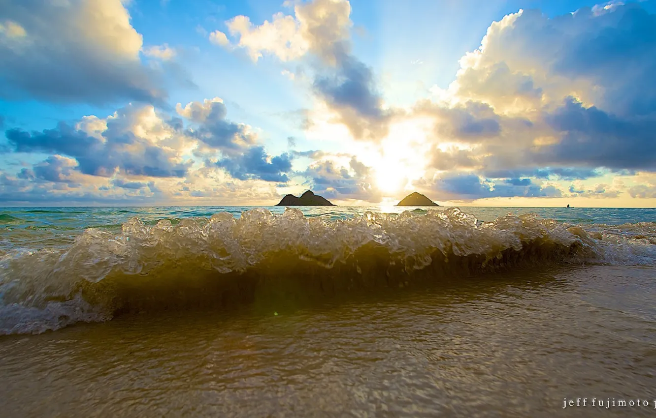 Photo wallpaper sea, the sky, clouds, sunset, wave