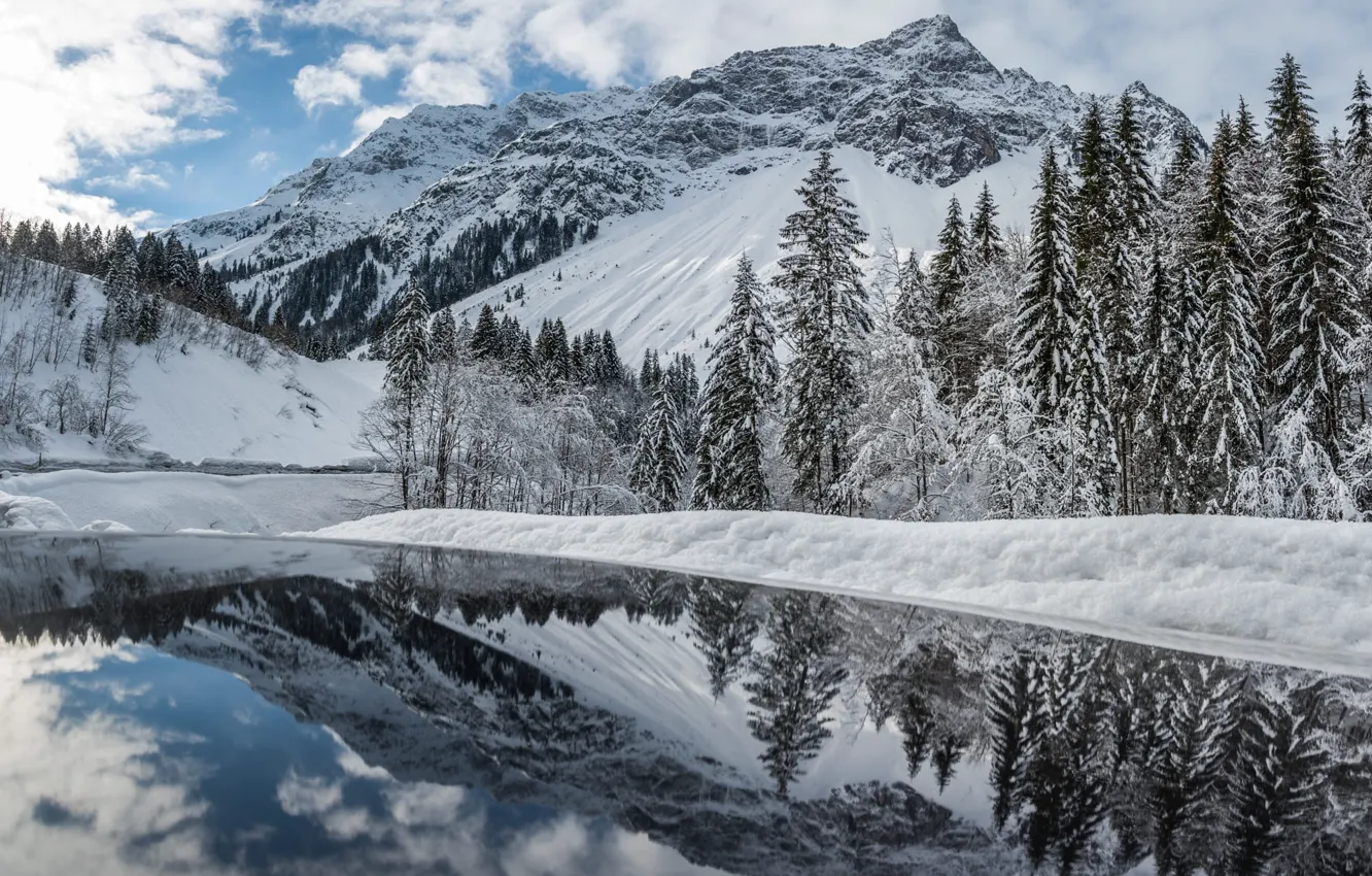 Photo wallpaper winter, forest, the sky, clouds, snow, mountains, lake, reflection
