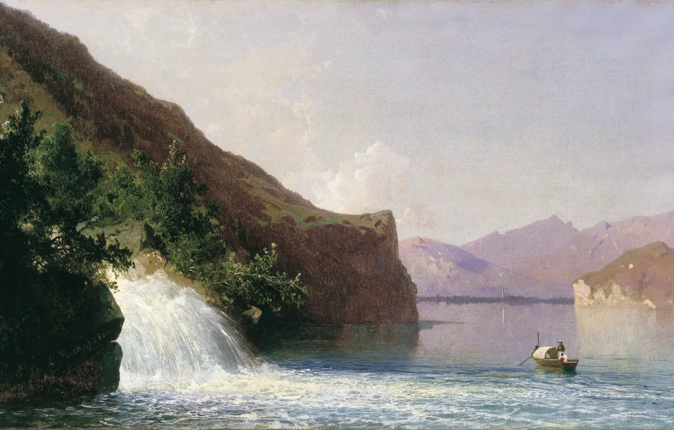 Photo wallpaper mountains, boat, oil, Waterfall, canvas, 1867, Arseny MESHCHERSKY