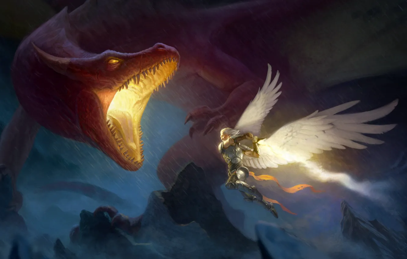 Photo wallpaper rocks, dragon, wings, angel, fantasy, art, attack, male