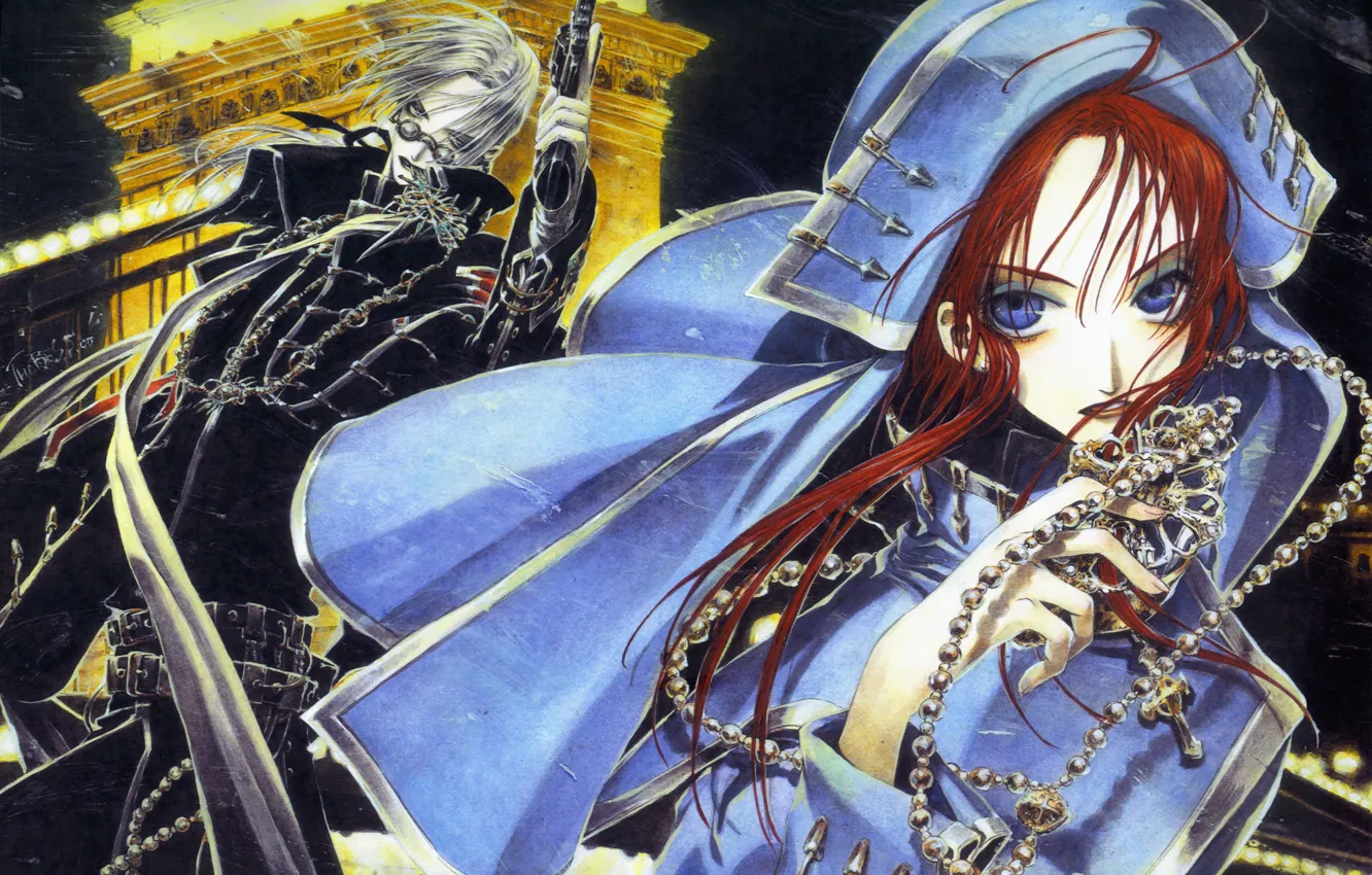 Photo wallpaper gun, cross, glasses, hood, blue eyes, trinity blood, nun, Abel Nightroad