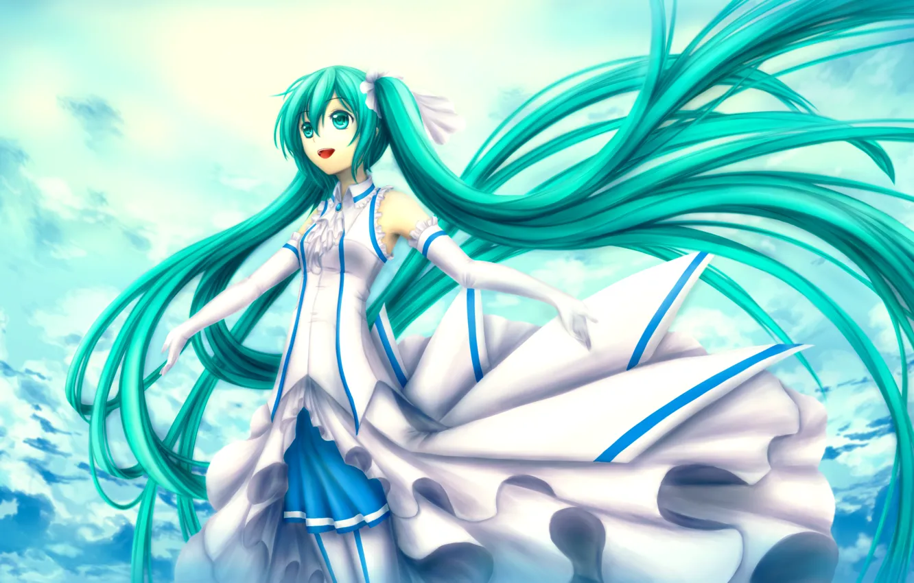 Photo wallpaper the sky, girl, clouds, hair, art, vocaloid, hatsune miku, Vocaloid