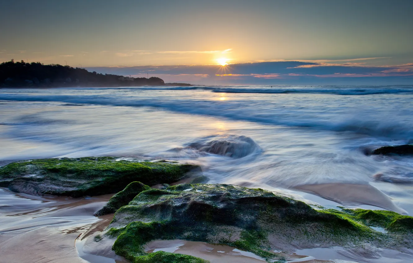Photo wallpaper sea, landscape, sunset, stones