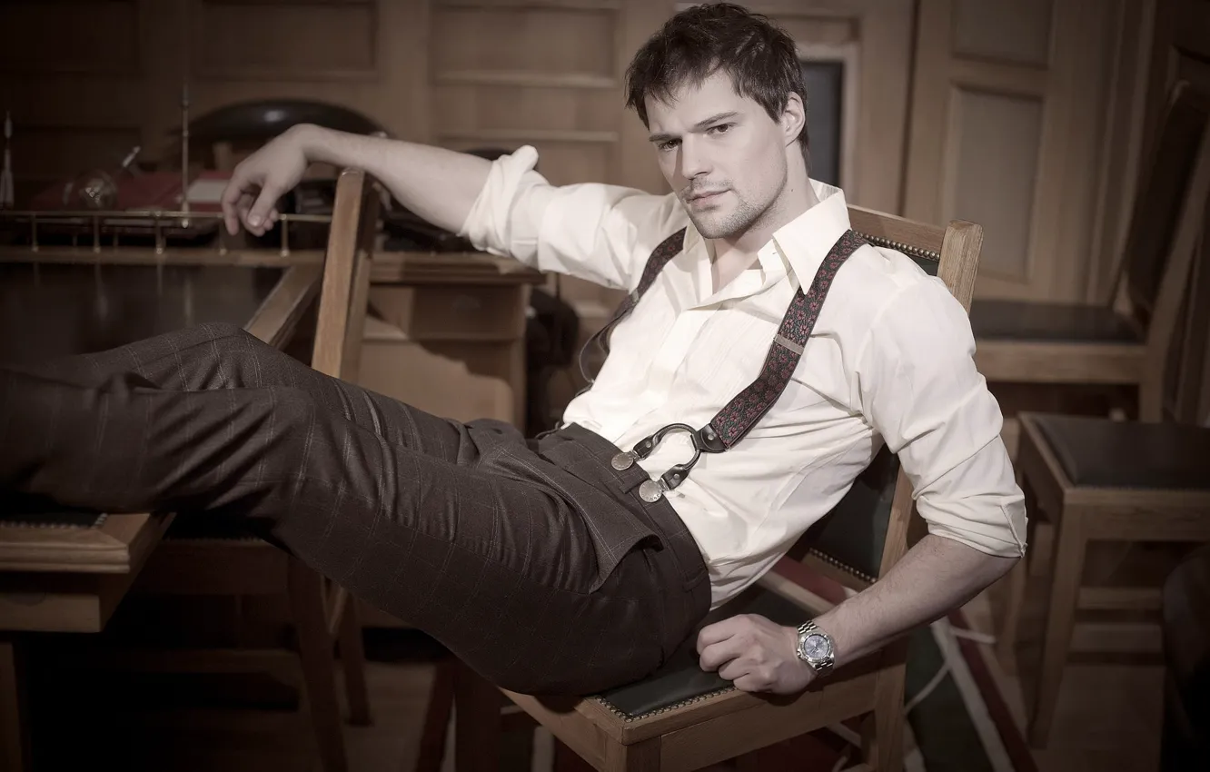 Photo wallpaper look, face, pose, chair, actor, sitting, Danila Kozlovsky