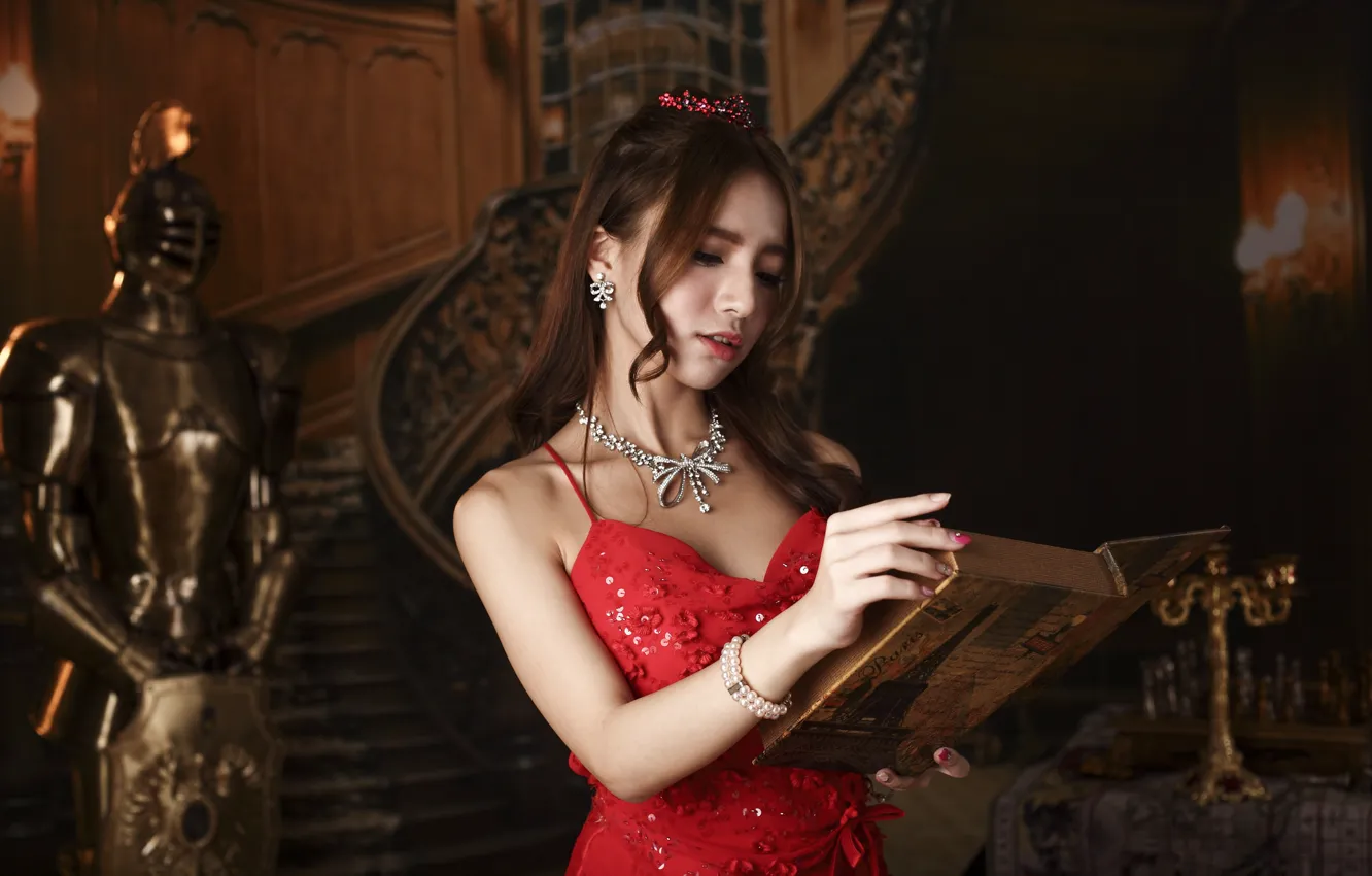 Photo wallpaper girl, face, style, red, makeup, dress, book, Asian