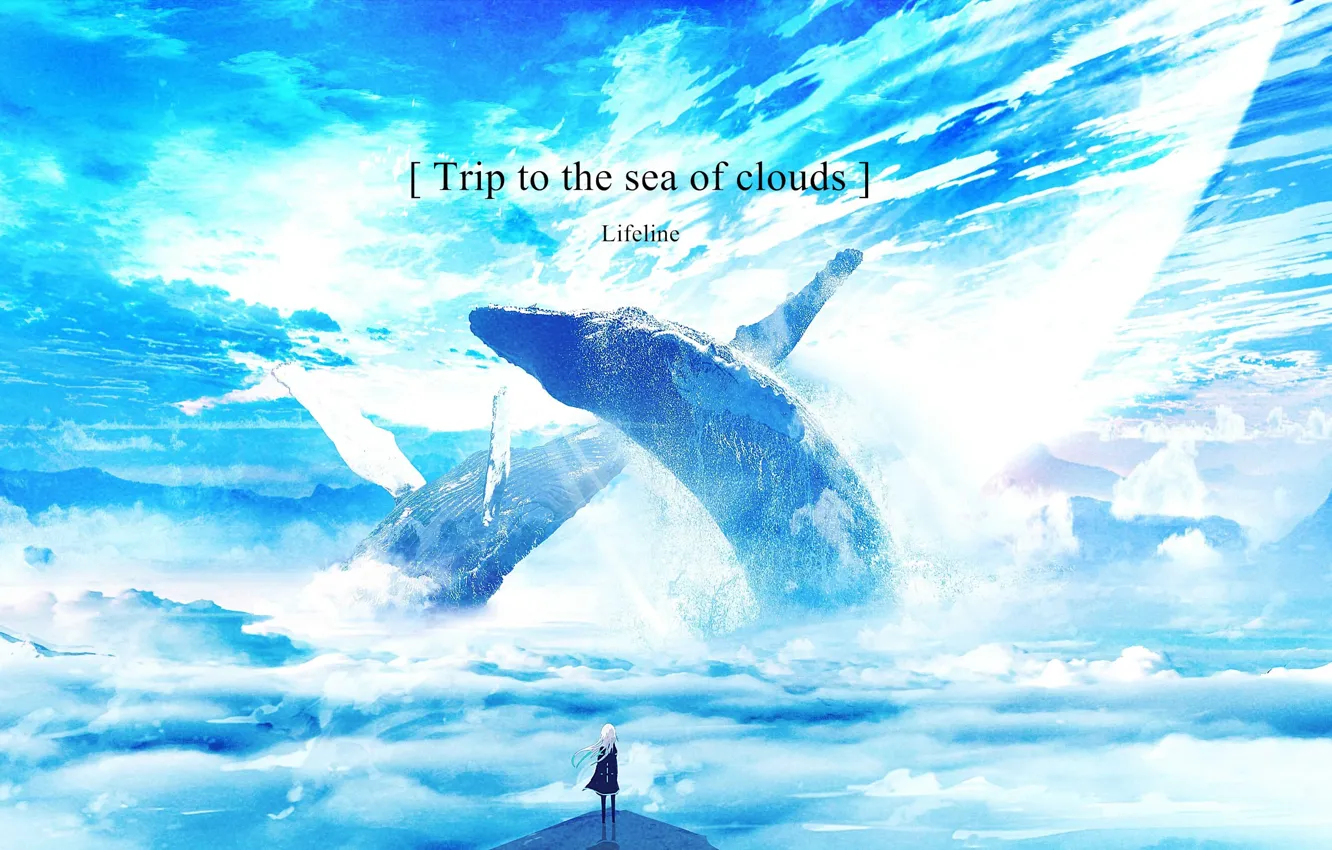 Photo wallpaper girl, clouds, fantasy, whales, phrase