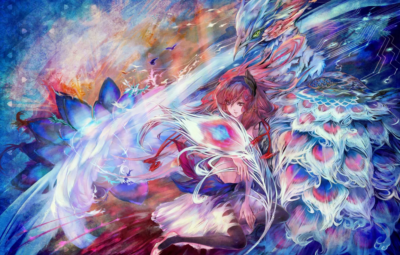 Photo wallpaper white, girl, line, flowers, orange, blue, abstraction, glare