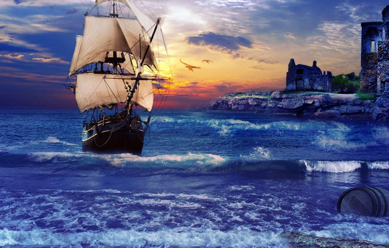 Photo wallpaper fantasy, ghost, sea, ship, boat, sailboats