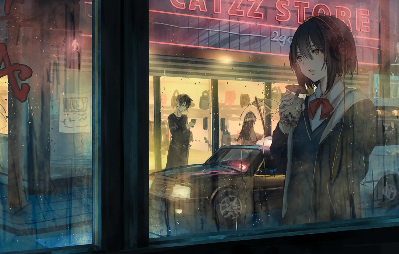 Photo wallpaper auto, girl, the city, after the rain, guy