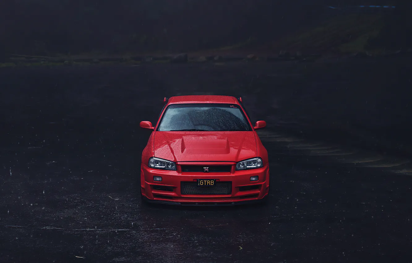 Photo wallpaper red, road, rain, skyline, r34, asphalt, Nissan GTR, Nissan GTR R34